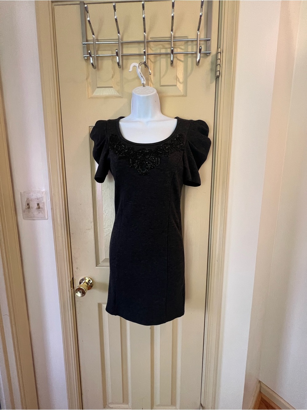 Forever 21 Black Puff-Sleeve Beaded Scoop Neck Dress